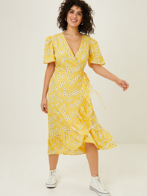 Yellow Floral Print Midi Wrap Dress ...
